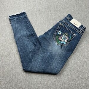 Grace in LA Floral Embroidered Jeans Womens 28 29x27.5 Raw Hem Blue Denim Pants
